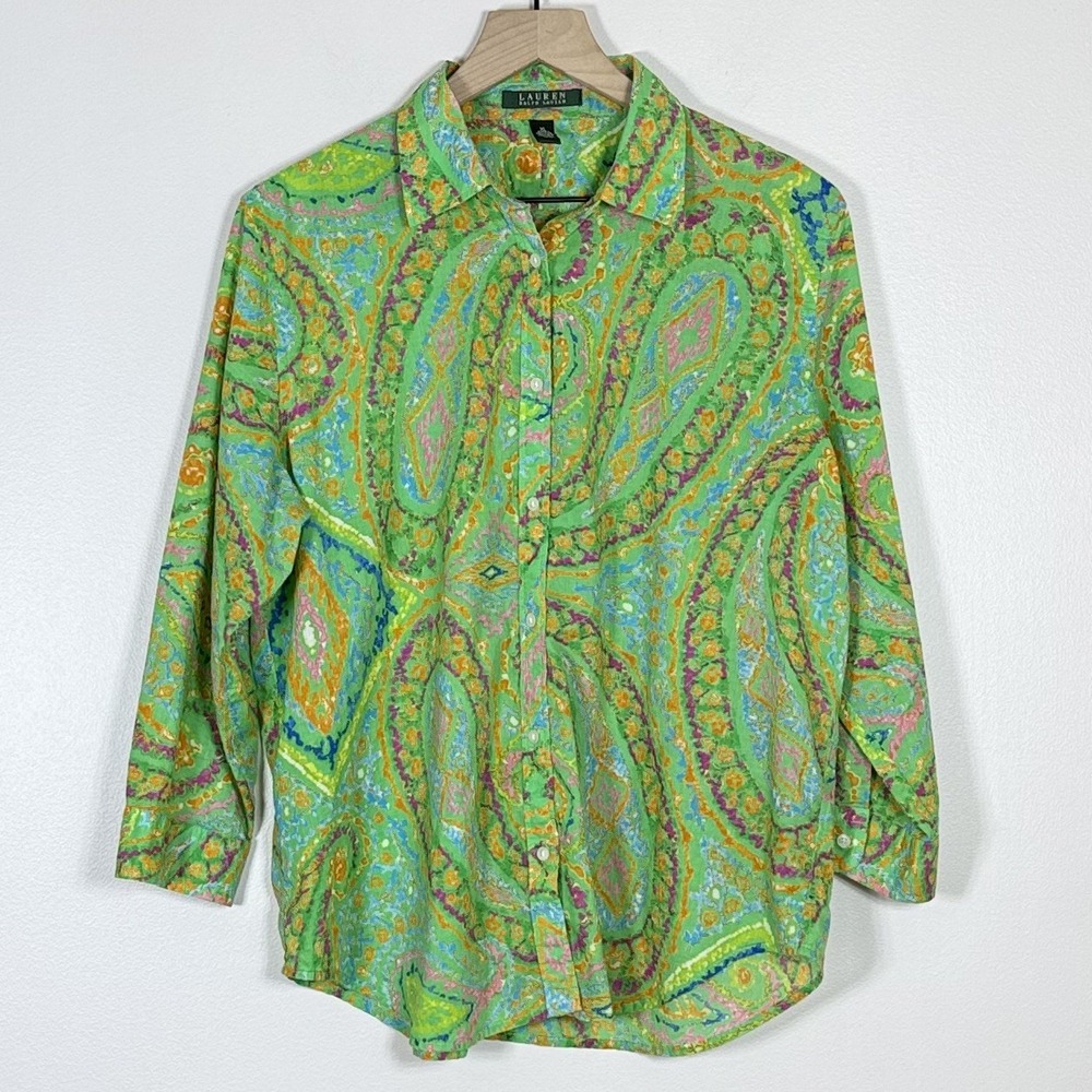 Lauren Ralph Lauren Womens Button Up Shirt XL Green Paisley Cotton Preppy Artsy